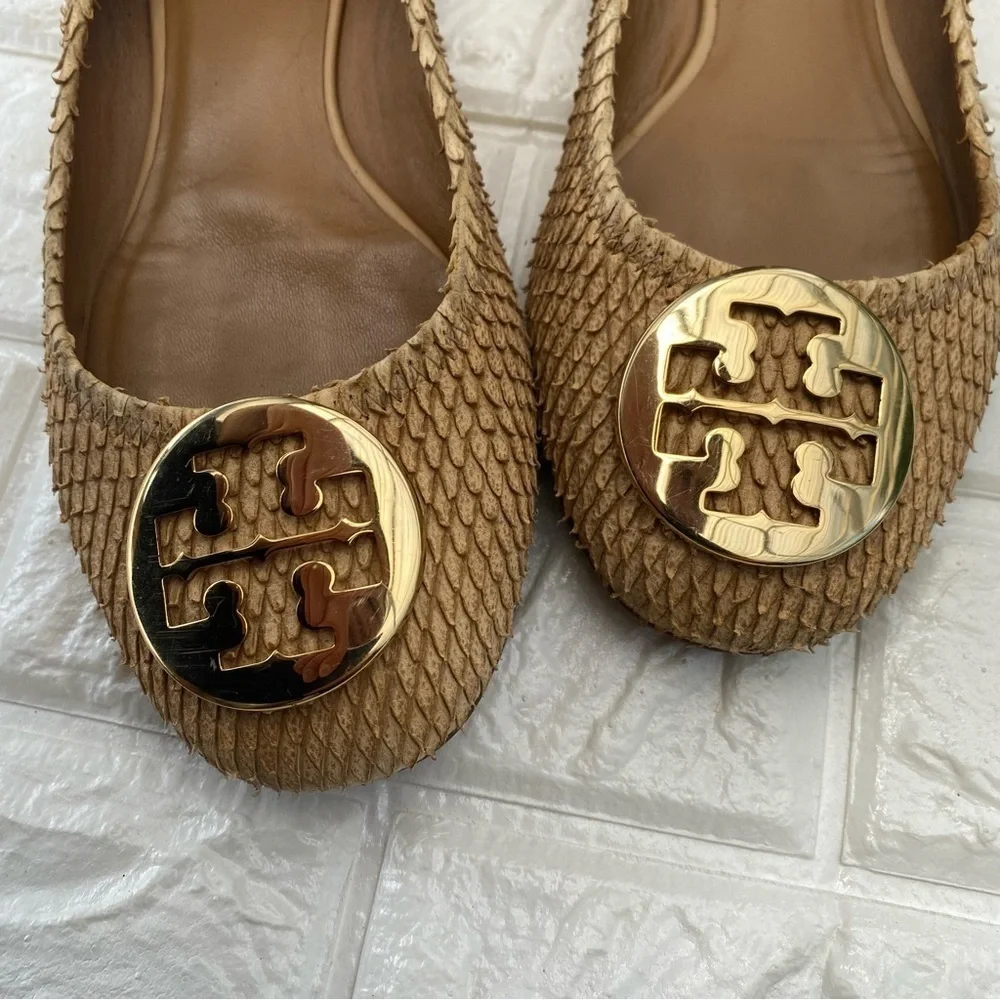 TORY BURCH  Python Embossed Leather Minnie Scrunch Ballet Flats